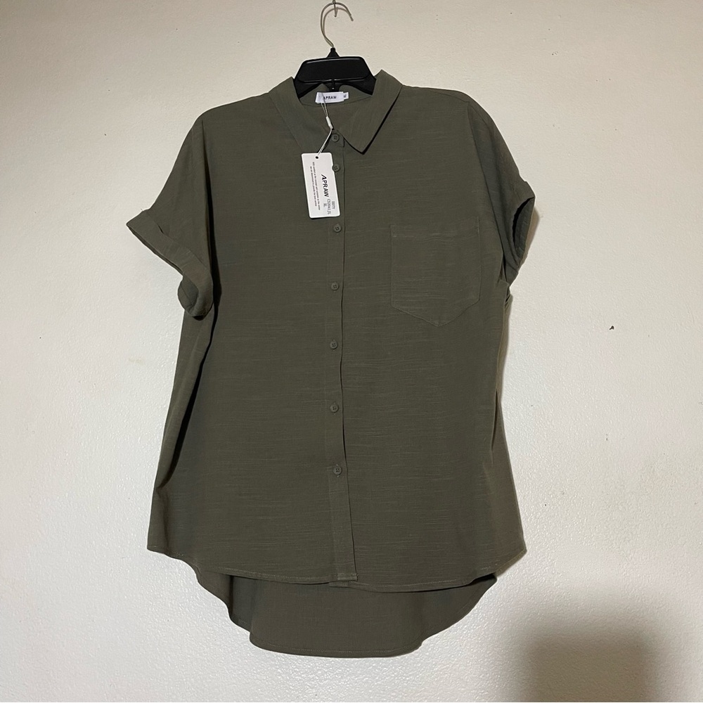 APRAW-Chic Olive Green Button-Up Blouse-%100 cotton